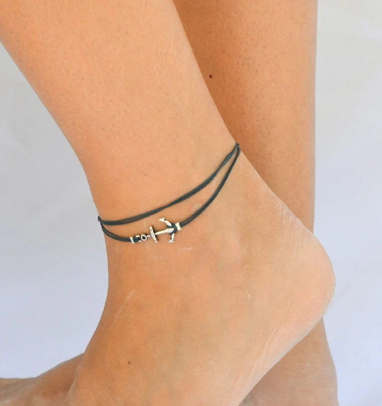 anklets with crystals for women-Silver anchor wrapped anklet with a blue cord, gift for her