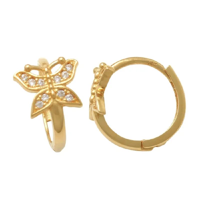 wedding stud earrings for women-Zirconia Butterfly Huggie Earrings (14K)