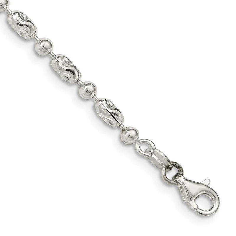 ankle bracelet with diamonds for women-Sterling Silver 3mm Polished and Textured Fancy Beaded Chain Anklet