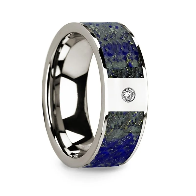 high-end engagement rings for women-Flat 14k White Gold Ring with Blue Lapis Lazuli Inlay & White Diamond Setting - 8mm