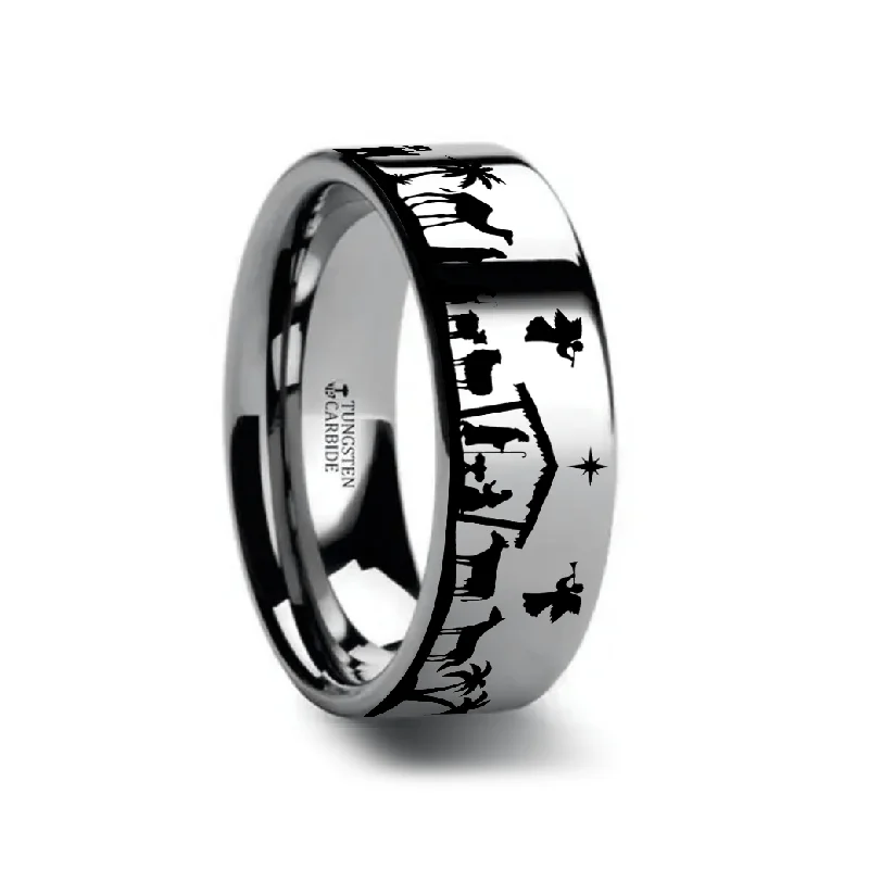 engagement rings with vintage stones for women-NATIVITY SCENE on Flat Tungsten Carbide Ring