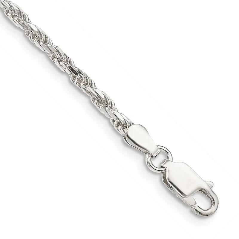 anklets for beachwear for women-Sterling Silver 2.5mm Diamond-cut Rope Chain Anklet