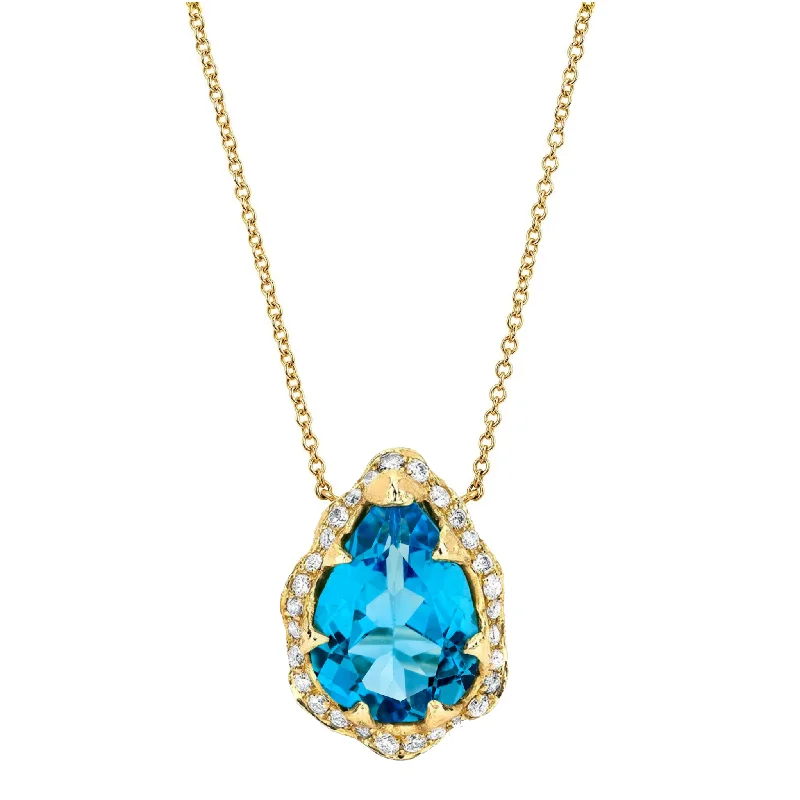 Christmas necklace for women-Queen Water Drop Blue Topaz Necklace with Full Pavé Diamond Halo