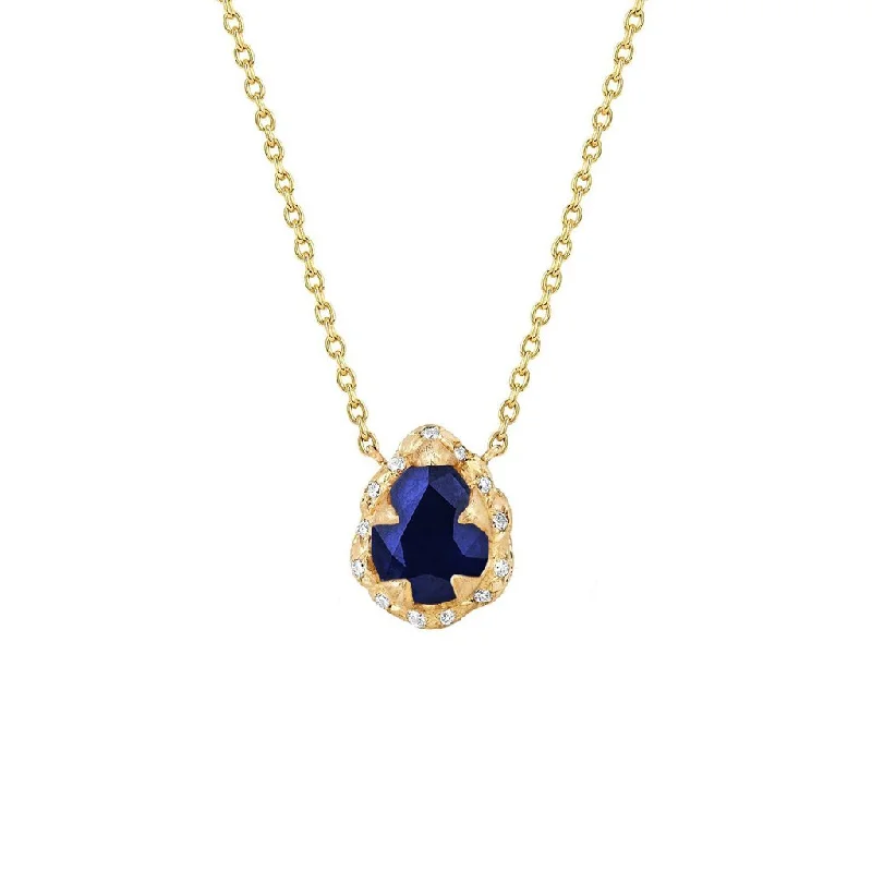 vintage-inspired necklace for women-Micro Queen Water Drop Blue Sapphire Necklace with Sprinkled Diamonds