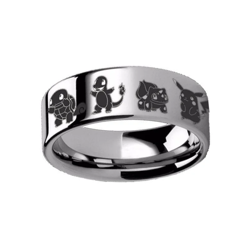 stunning engagement rings for women-Engraved Starter Pokemon Pikachu Charmander Squirtle Bulbasaur Tungsten Ring Flat and Polished - 4mm - 12mm