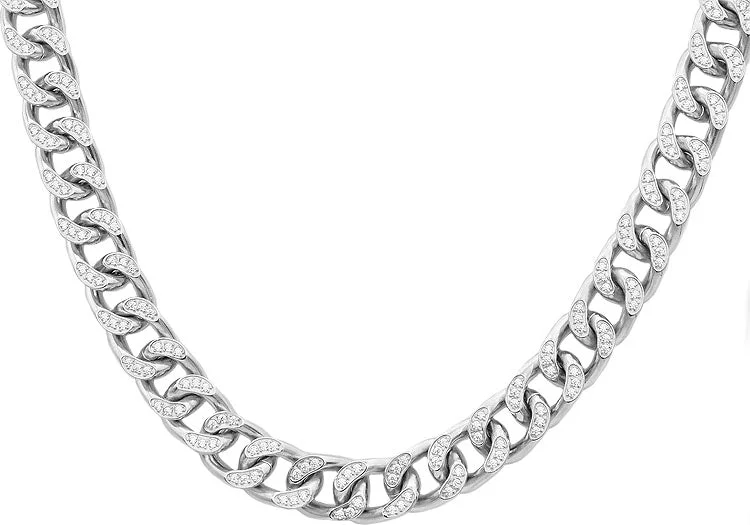 multi-strand necklace for women-Mens Stainless Steel Curb Link Chain Necklace With Cubic Zirconia