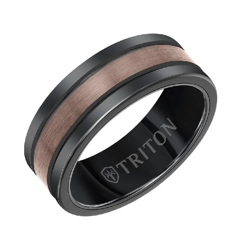 emerald cut engagement rings for women-BRUIN 8MM Brown & Black Tungsten Carbide Ring - Satin Finish Center