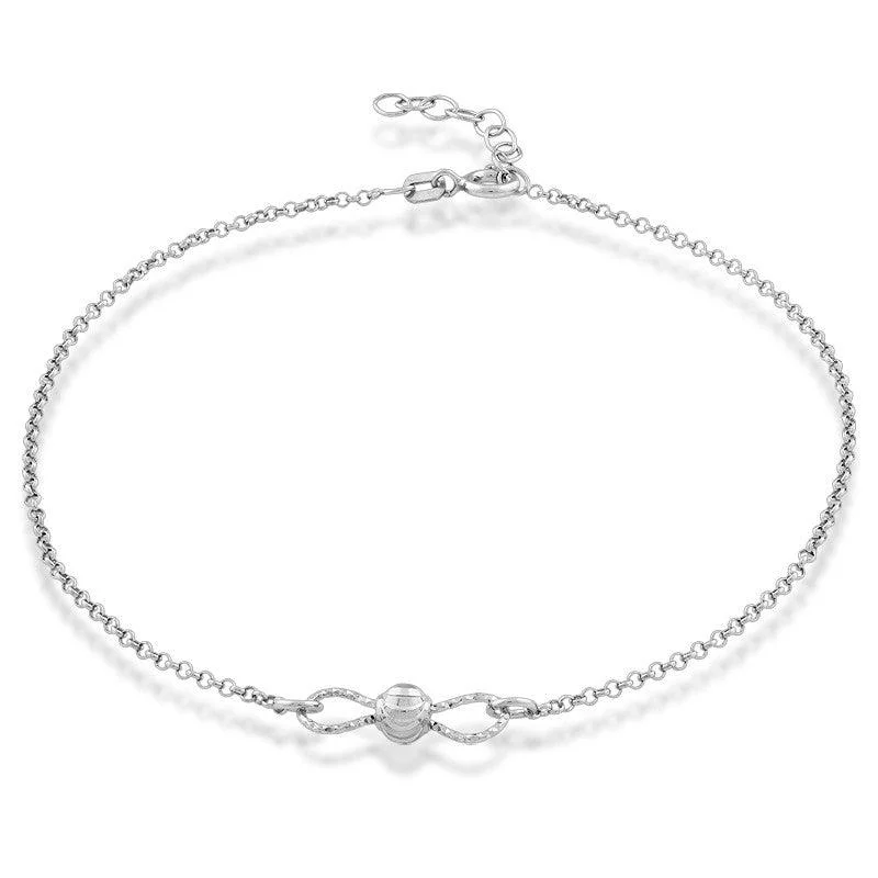 anklets with heart charms for women-Sterling Silver Bow Tie with Center Diamond Cut Bead Anklet