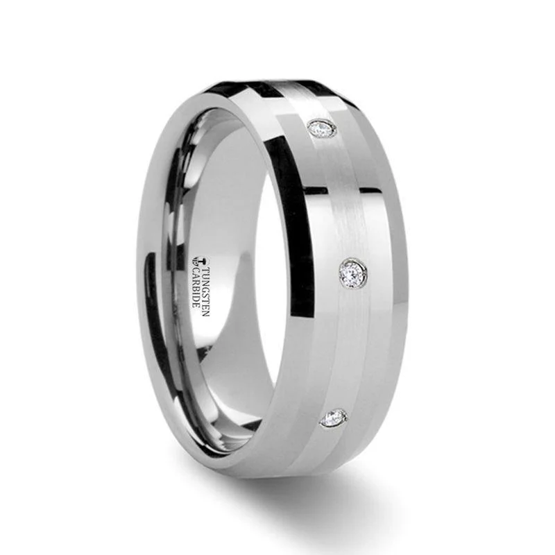 halo engagement rings for women-NEWPORT Beveled Tungsten Diamond Carbide Ring with Platinum Inlay - 8mm