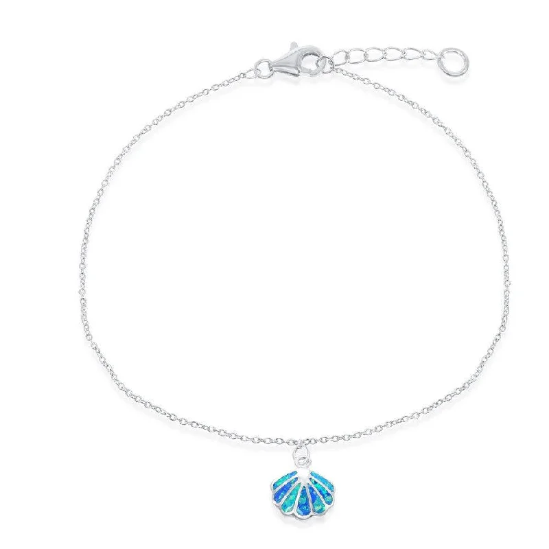 anklet with sea shells for women-Sterling Silver Blue Inlay Opal Sea Shell Anklet