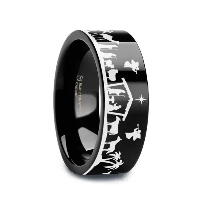 high-end engagement rings for women-NATIVITY SCENE on Black Flat Tungsten Carbide Ring