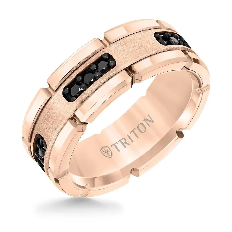 unique engagement rings for women-ROSETTE Flat Rose Gold Plated Tungsten Ring with Black Diamond Settings by Triton Rings - 8mm