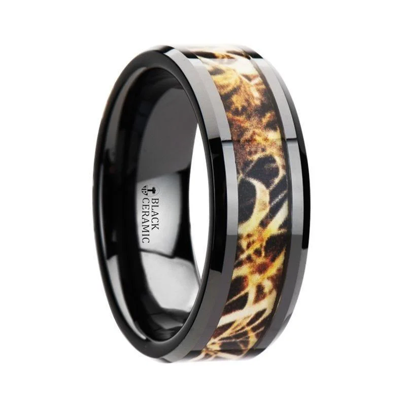 gold-plated engagement rings for women-TUNDRA Black Ceramic Band with Leaves Grassland Camo Inlay - 8mm