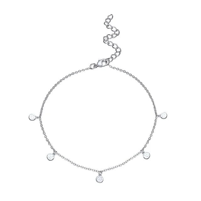 butterfly anklets for women-Anklet with Hammered Discs - Rhodium Plated