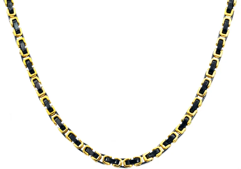 silver plated necklace for women-Mens 4mm Gold And Black Stainless Steel Byzantine Link Chain Necklace