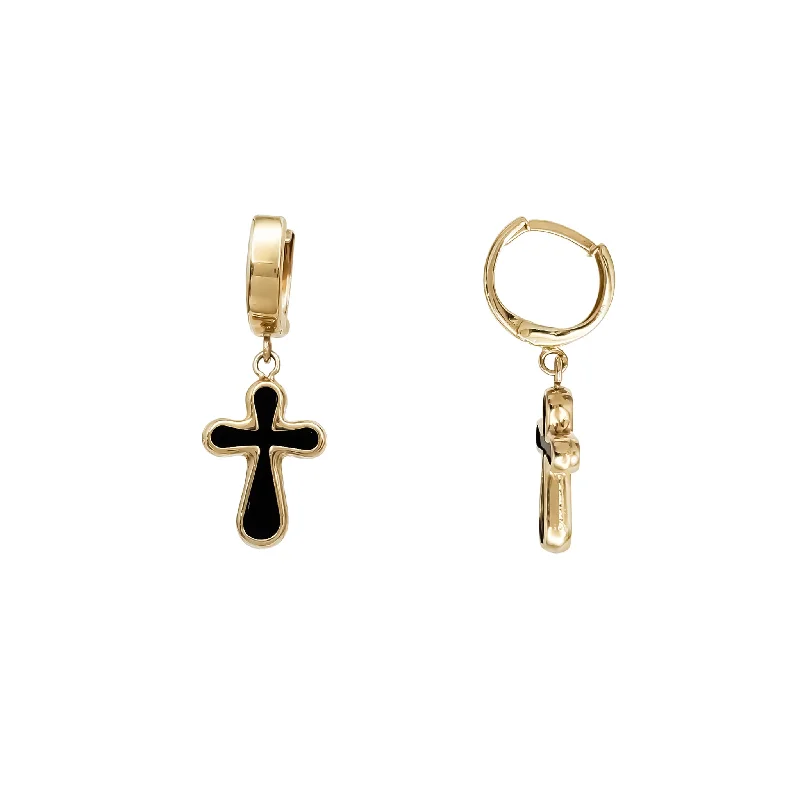 diamond drop earrings for women-Enamel Cross Hanging Huggie Earrings (14K)