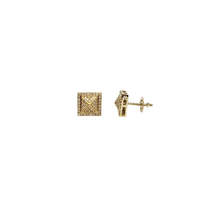 fashion gold earrings for women-Diamond Square Pyramid Top Stud Earrings (14K)