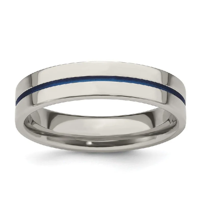 stackable engagement rings for women-Edward Mirell Gray Titanium with Blue Anodized Stripe Flat 5mm Band