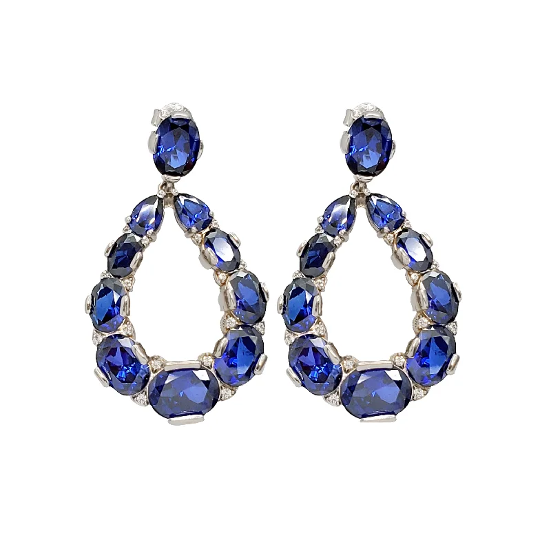 zodiac earrings for women-Blue oval CZ Dangling Earrings (Silver)