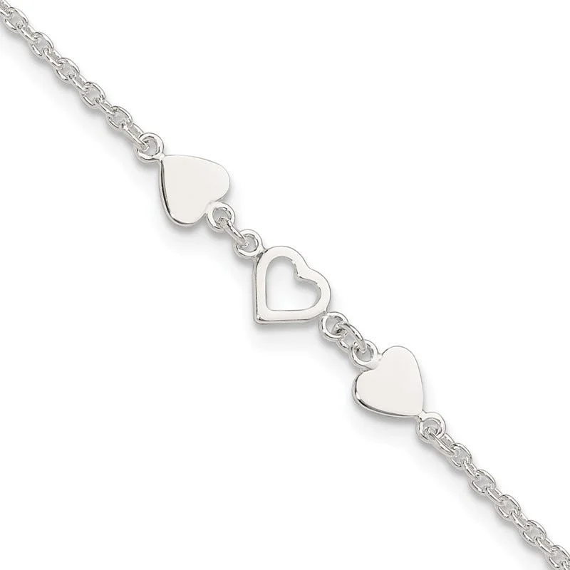 dainty ankle bracelets for women-Sterling Silver 9 inch Plus 1in ext.Heart Link Anklet