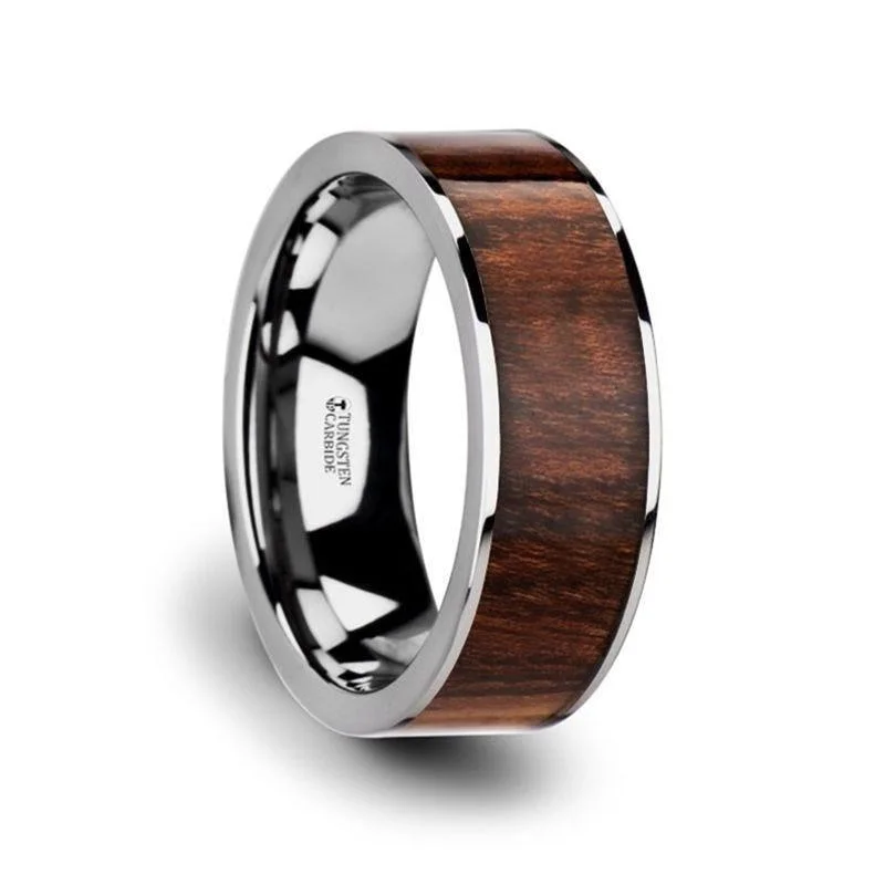 affordable engagement rings for women-THRACO Flat Carpathian Wood Inlaid Tungsten Carbide Ring with Polished Edges - 8mm