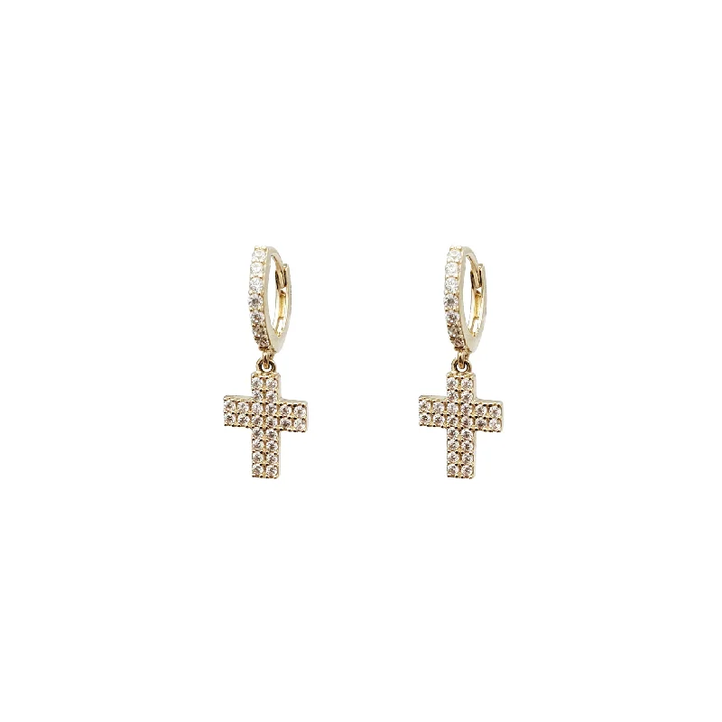 romantic earrings for women-Iced-Out Cross Dangling Huggie CZ Earrings (14K)