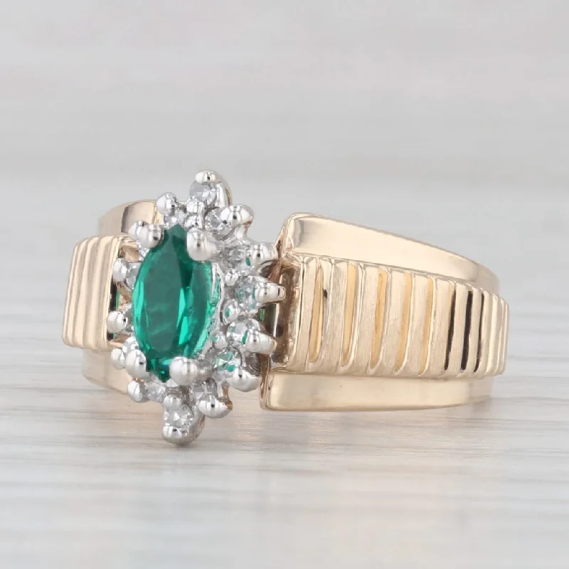 affordable vintage engagement rings for women-0.47ctw Lab Created Emerald Diamond Halo Ring 14k Gold Beveled Band Size 6.5