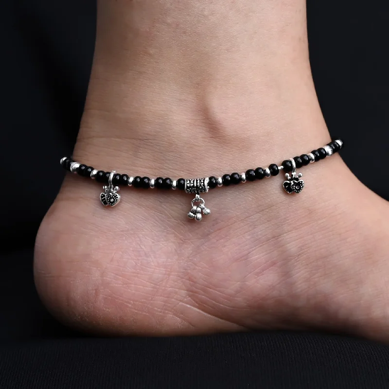 moon anklets for women-Sterling Silver and Black Beads with Ghungroo Anklet for Girls