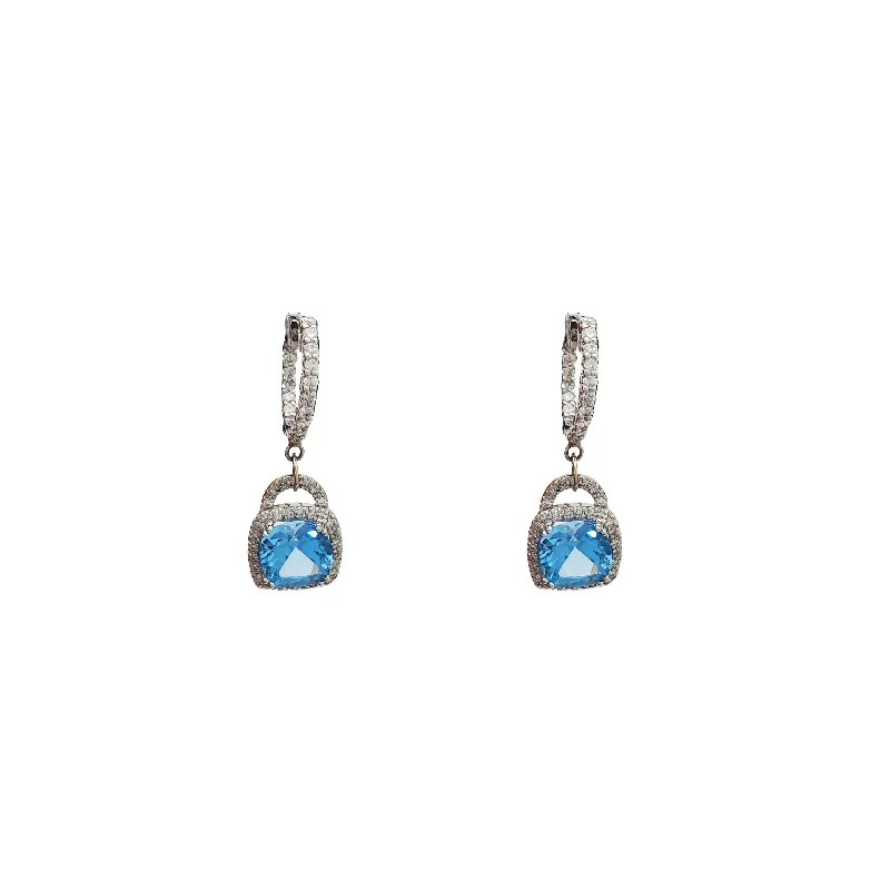 custom earrings for women-Diamond and Blue Topaz Huggies Earring (14K)