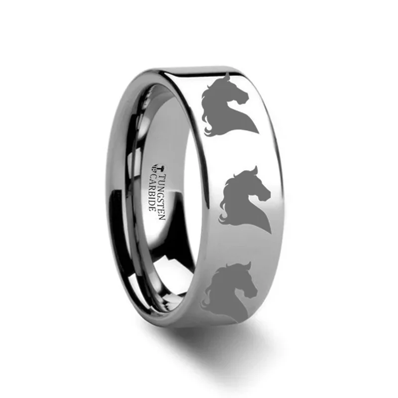 engagement rings with side stones for women-Animal Horse Head Print Engraved Flat Tungsten Ring - 4mm - 12mm