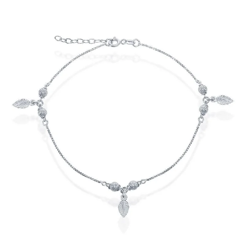 knot anklets for women-Sterling Silver Diamond Cut Beads with Leaf Charm Anklet