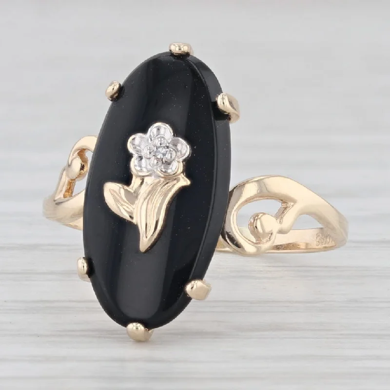 ruby engagement rings for women-Vintage Onyx Flower Signet Ring 10k Yellow Gold Size 5.5 Bypass PS Co