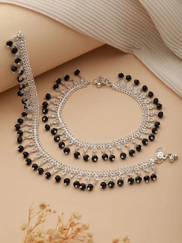 ankle chain with charms for women-Set Of 2 Silver Plated & Black Crystal Beaded & Cz Studded Anklets