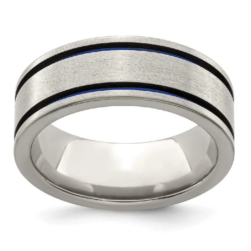 heirloom engagement rings for women-Edward Mirell Titanium Brushed with Blue Anodized Double Groove Flat 8mm Band