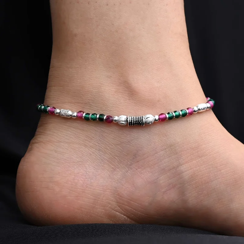 anklets with tassels for women-Silver Exclusive Pink & Green Beaded Anklets for Girls