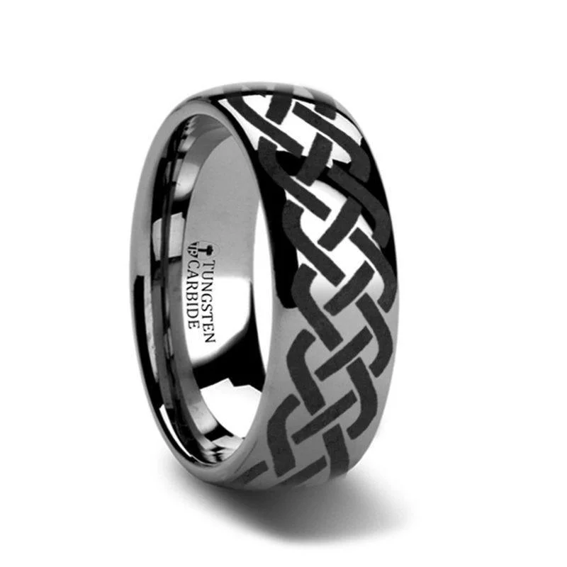 stackable engagement rings for women-ADDISON Domed Tungsten Ring with Celtic Knot Design - 4mm - 12mm