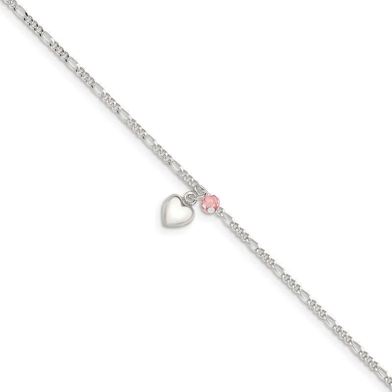 gold-plated anklets for women-Sterling Silver Cherry Quartz Dangling Hearts on Figaro Link Anklet