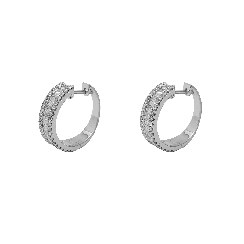 silver stud earrings for women-Diamond Round & Baguettes Hoop Earrings (14K)