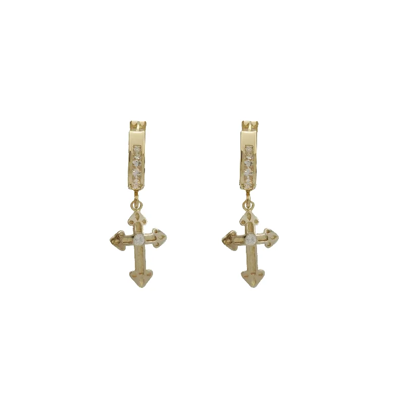 vintage hoop earrings for women-Dangling  Cross CZ Huggie Earrings (14K)