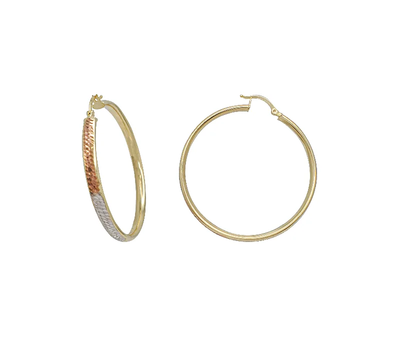 elegant earrings for women-Tri-Tone Diamond Cut Hoop Earring (14K)