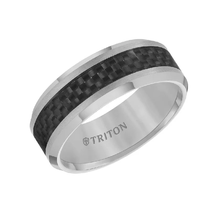 diamond solitaire engagement rings for women-ABEL Black Carbon Fiber Inlaid Tungsten Band with Beveled Edges by Triton Rings - 8 mm