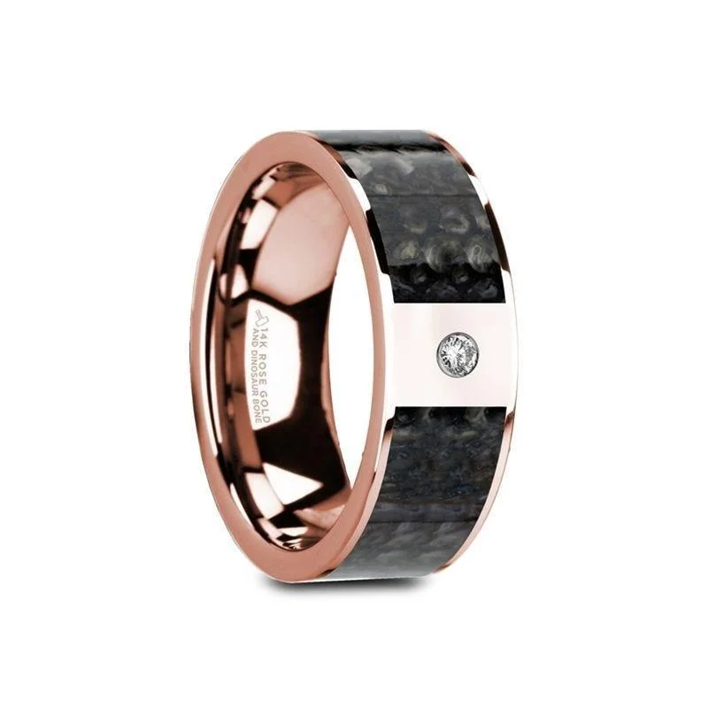 halo diamond engagement rings for women-GALESI Flat 14K Rose Gold Ring with Blue Dinosaur Bone Inlay & White Diamond Setting - 8mm