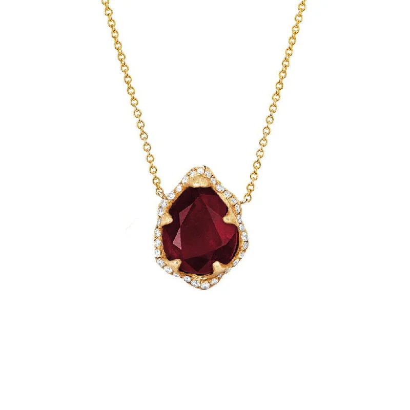 royal necklace for women-Baby Queen Water Drop Ruby Necklace with Full Pavé Diamond Halo