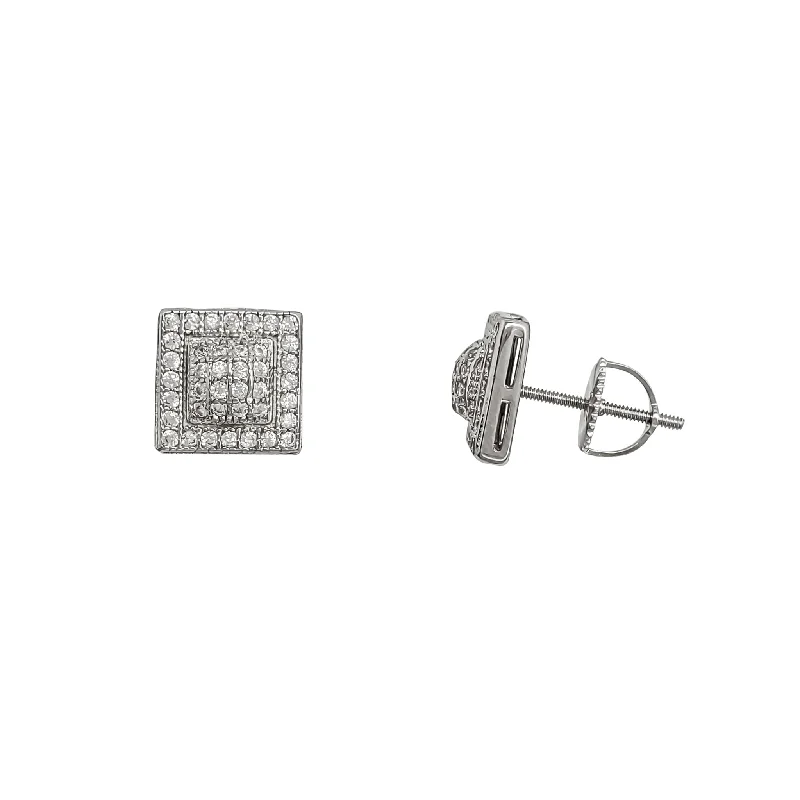 gold hoop earrings for women-Iced-Out Square Stud Earrings (Silver)