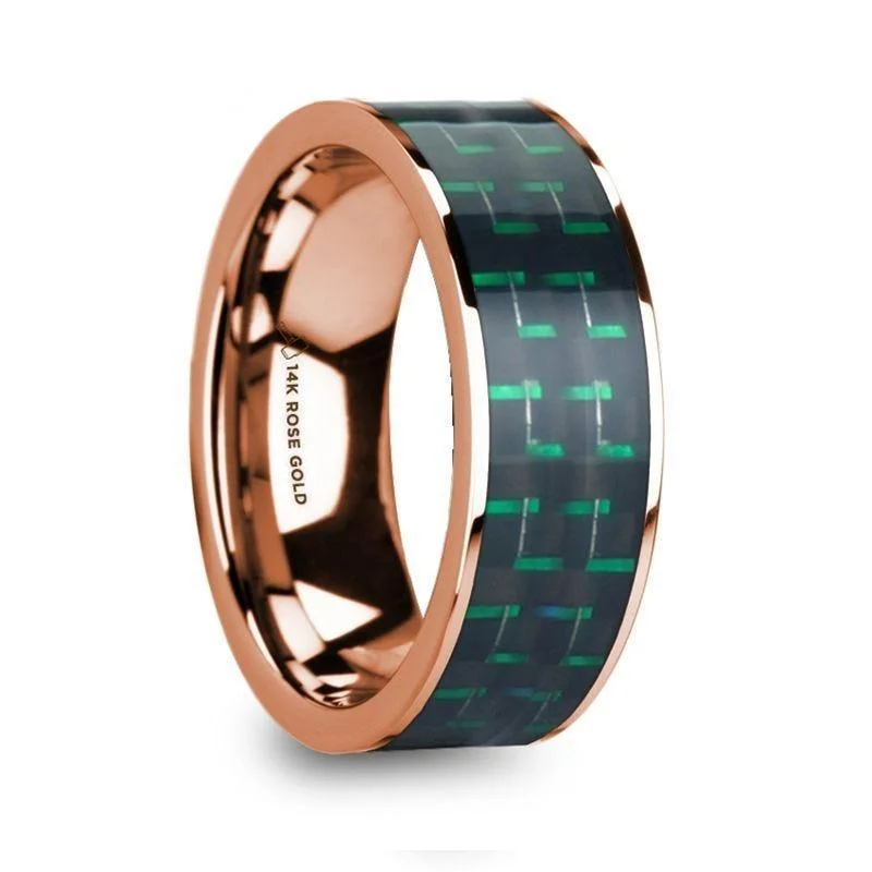 custom engagement rings for women-ISADORIOS Men’s Polished 14k Rose Gold Flat Ring with Black & Green Carbon Fiber Inlay - 8mm