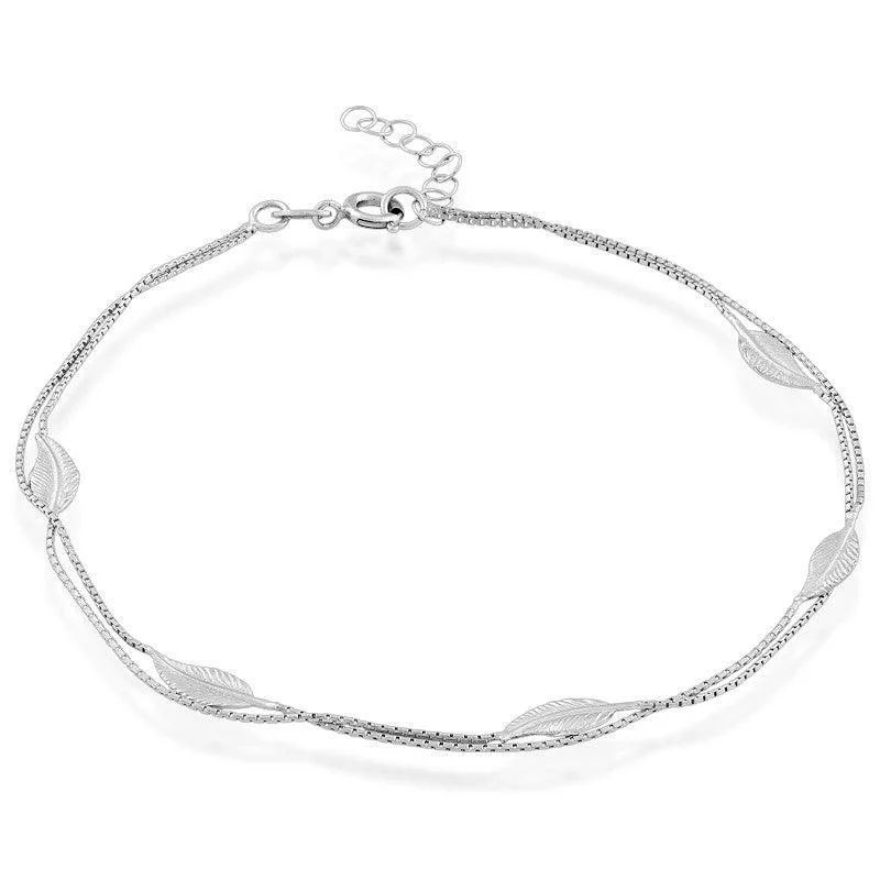 personalized ankle bracelets for women-Sterling Silver Double Strand with Leaves Anklet