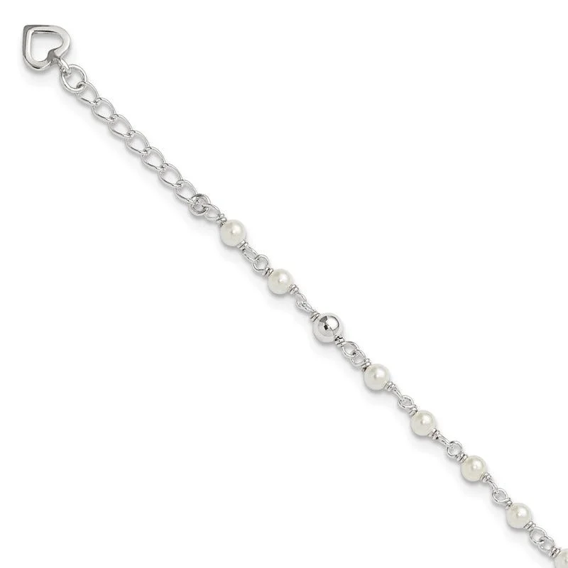 charm anklets for women-Sterling Silver Polished 9in Plus 1in ext FWC Pearl and Heart Anklet