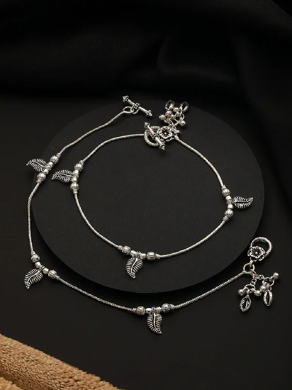 leather anklets for women-Set Of 2 Silver-Plated Leaf Shaped With Ghungroo Detail Anklets