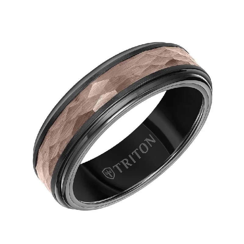 affordable engagement rings for women-DUNN 7MM Brown & Black Tungsten Carbide Ring - Hammered Center and Step Edge