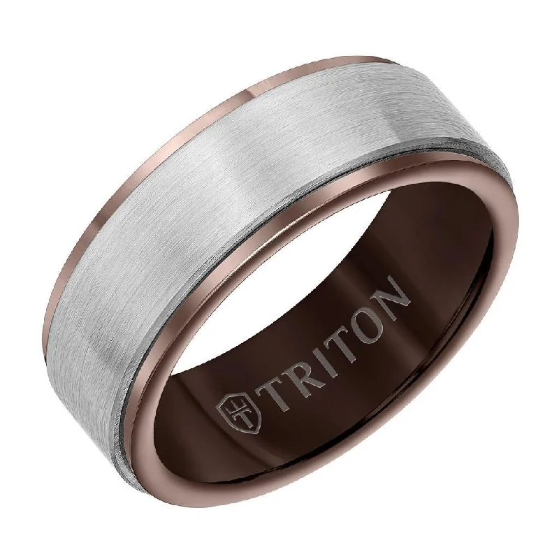 stackable engagement rings for women-DONN 8MM Brown & White Tungsten Carbide Comfort Fit Ring - Satin Finish Center and Step Edge